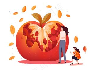 石榴水果少女卡通插画免抠