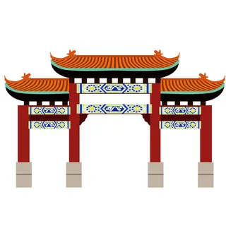 中国风复古式国潮门楼手绘城门插画牌楼建筑PSD素材png免扣图