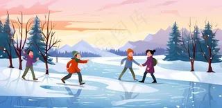 冬季在冰湖上滑冰的孩子儿童卡通插画背景