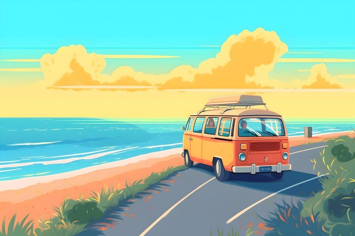 开车旅行海边公路天空云朵插画背景(3600x2400)