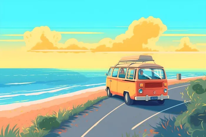 开车旅行海边公路天空云朵插画背景(3600x2400)
