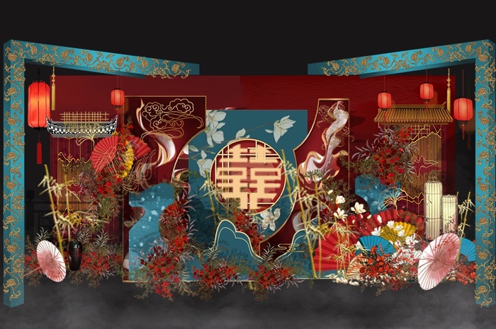 红蓝色中式传统婚礼迎宾区效果图psd模版下载