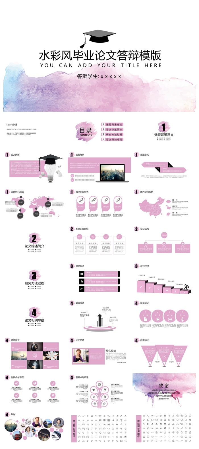 水彩风毕业论文答辩ppt模版