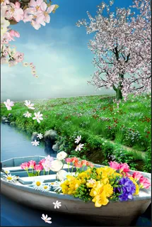 花卉小船绿草背景风景 花卉小船绿草背景风景