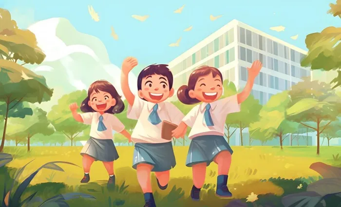 孩子们放学回家落叶欢乐卡通插画背景(3600x2193)