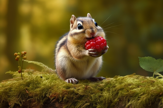 松鼠动物在森林里觅食红色果实摄影图