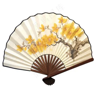 古风扇子黄花树枝插画免抠
