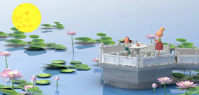c4d人物3d荷花荷叶荷塘月色