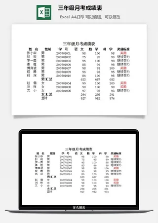 三年级月考成绩表excel模板