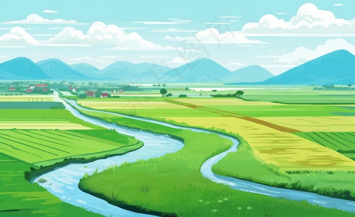 乡村村庄美丽风景河流插画农田插画背景(1408x864)