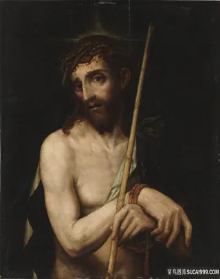 拿着竹杆的胡须男士油画