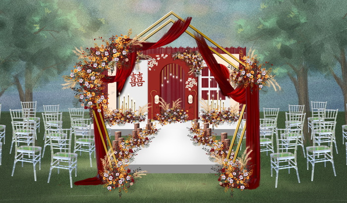红色香槟色新中式户外婚礼
