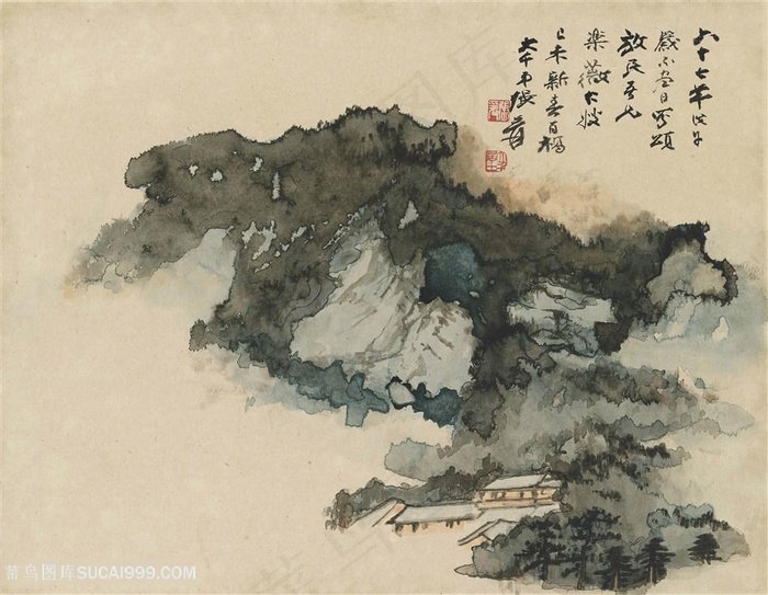 张大千手绘水墨巍峨山脉装饰画