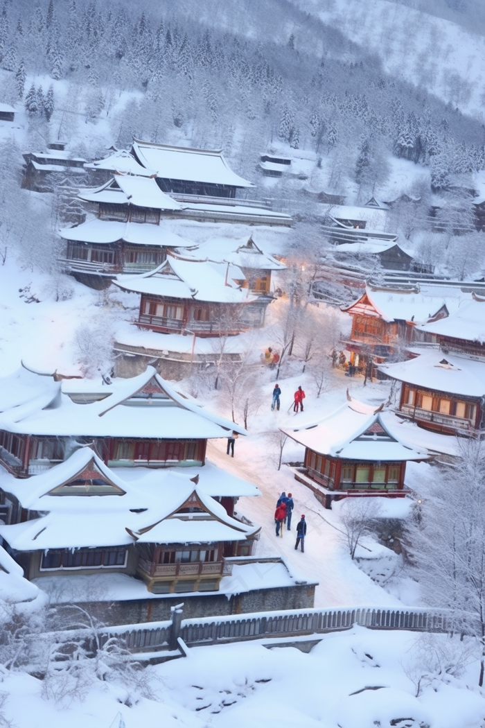 冬天白雪覆盖的小村庄雪景摄影图(2688x4032)