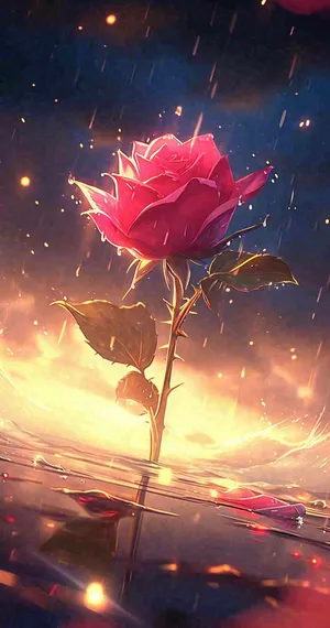 海平面上渐变落日前的一支粉色玫瑰花鲜花花朵，鲜艳爱情