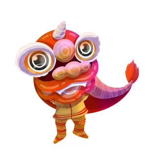 新年春节虎年元宵手绘人物舞狮卡通狮子头插画元素PSD设计素材