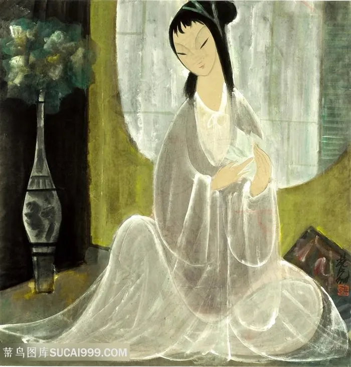 林风眠手绘坐着的白衣美女装饰画