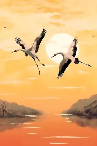 山脉落日意境国风背景