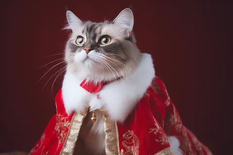 布偶猫咪披着红色披风在红色背景
