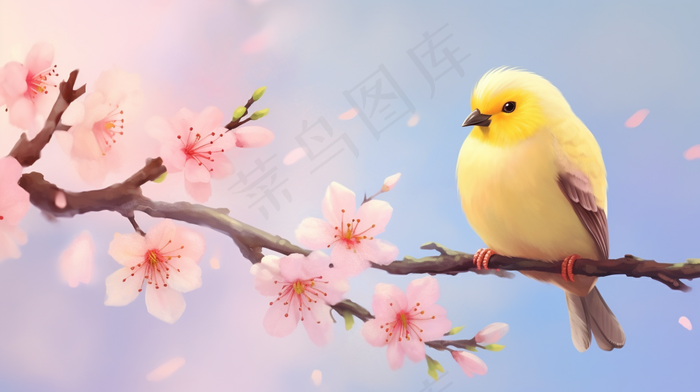 冬季梅花桃花上的小鸟插画素材