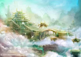 梦幻云雾皇宫宫殿中国风CG原画图片