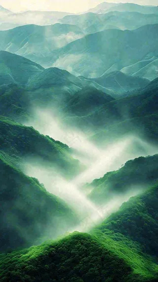 中国风高山绿植森林丛林，阳光蓝天白云，户外