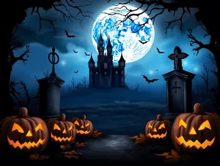 万圣节南瓜灯蝙蝠城堡恐怖夜晚插画背景