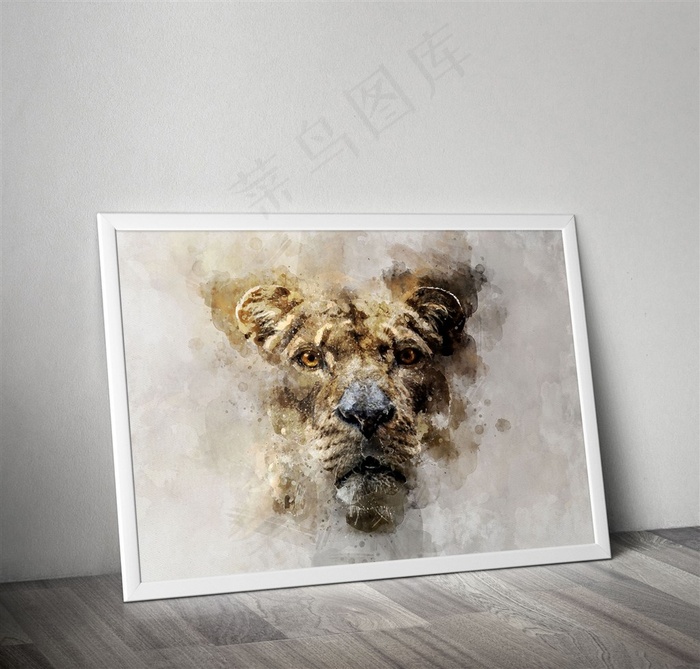 狮子头部特写数码手绘水彩无框装饰画