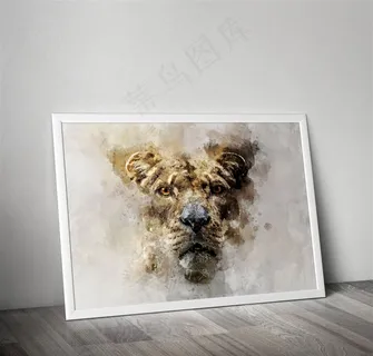 狮子头部特写数码手绘水彩无框装饰画