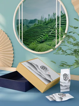 国风高档茶叶包装盒袋罐瓶LOGO标贴展示VI智能贴图样机PSD素材