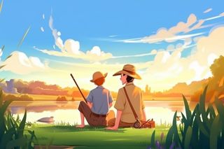 父子河边玩耍钓鱼插画背景