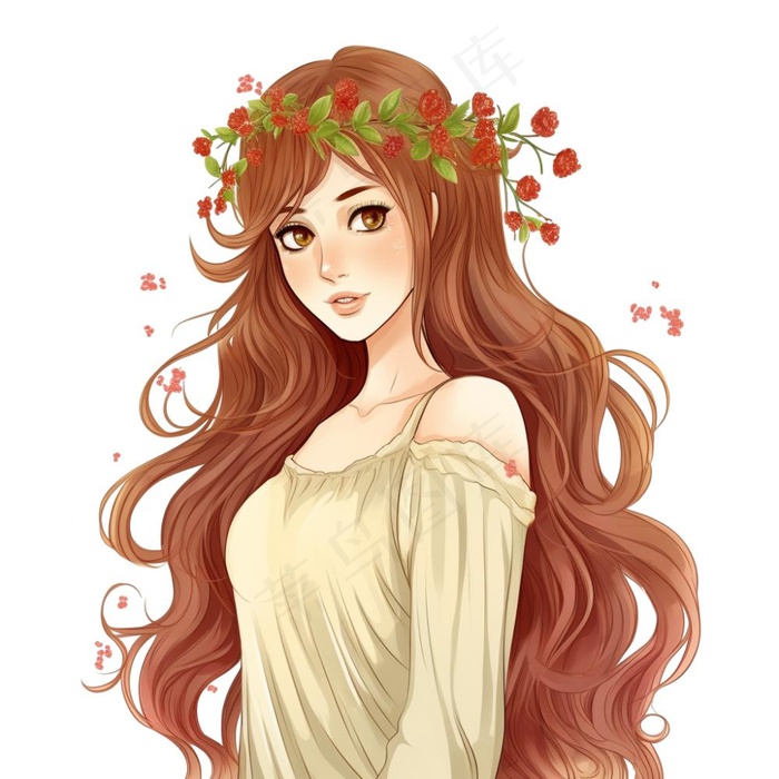 长头发少女头戴花环穿黄裙子插画 免抠(1024x1024)
