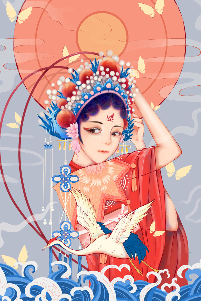 手绘中国风国潮京剧戏曲人物插画古风国粹花旦ai矢量ps设计素材图psd模版下载