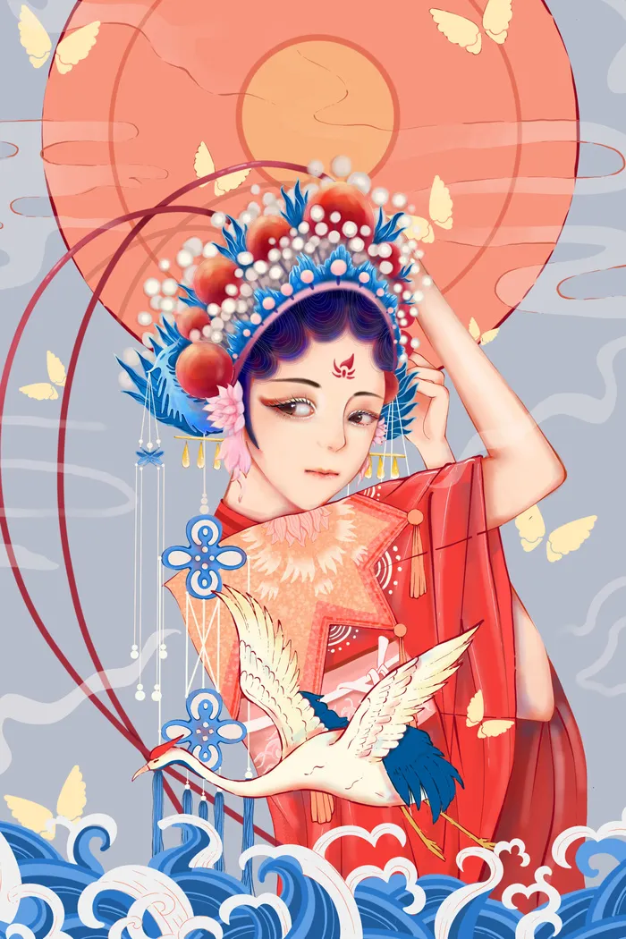 手绘中国风国潮京剧戏曲人物插画古风国粹花旦ai矢量ps设计素材图psd模版下载