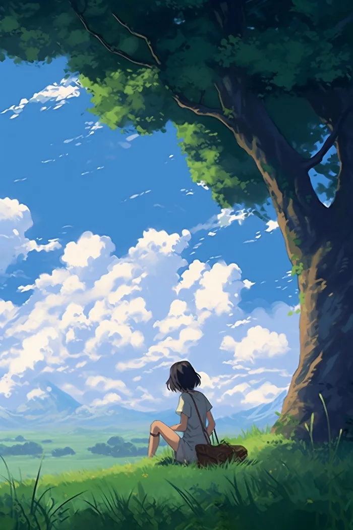 夏日少女坐着草坪大树下宫崎骏风格插画素材(x)