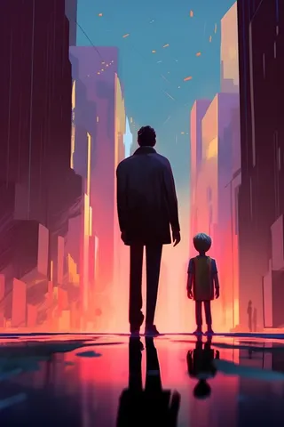 父亲和孩子亲情城市剪影背景