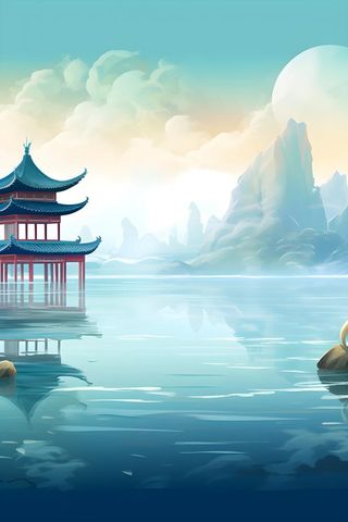国潮中国山水建筑温馨插画背景