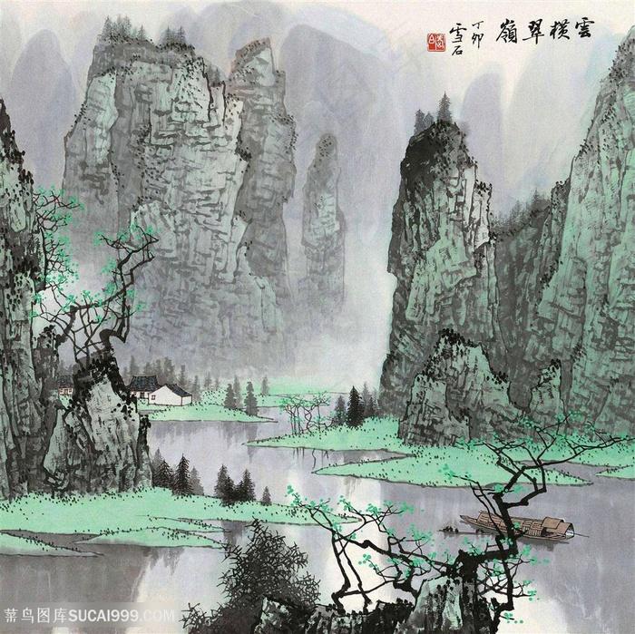 白雪石湖畔山脉高清美景装饰画