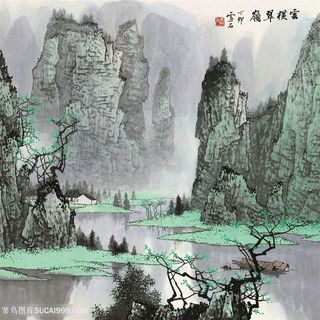 白雪石湖畔山脉高清美景装饰画