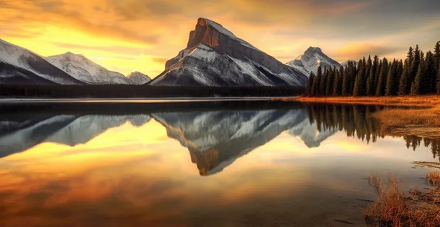 湖泊倒映着远处的山峰湖泊旁边有很多树林摄影图