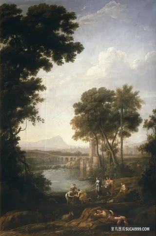 树林湖畔人物油画