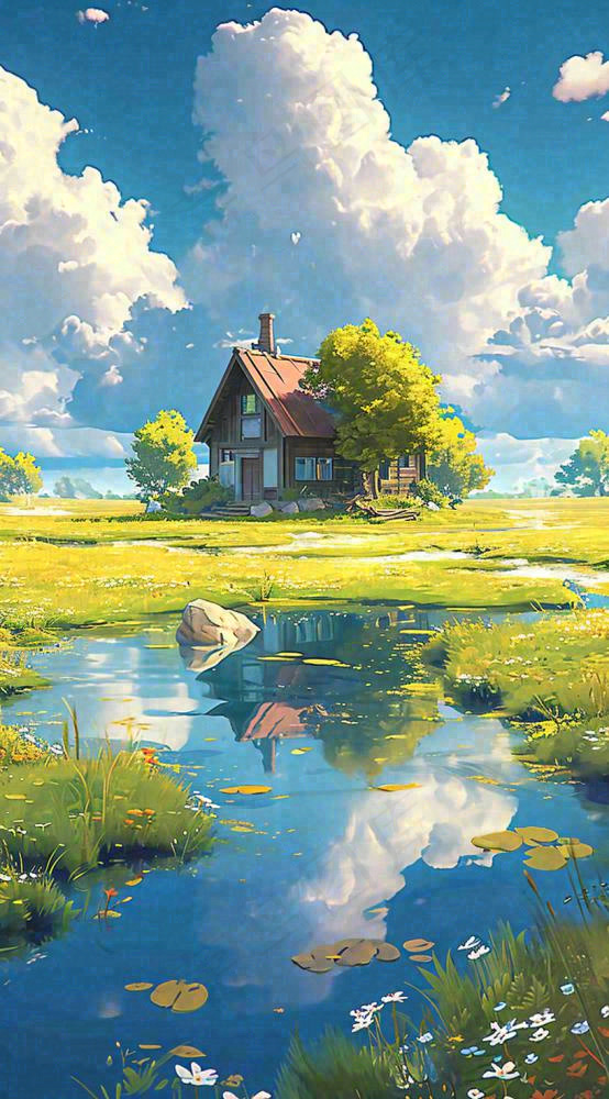 蓝天草坪上小屋房子在河流旁，河面倒影