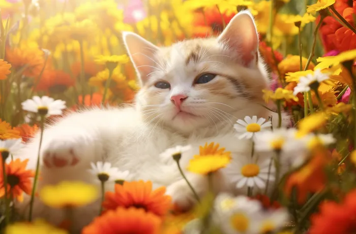 猫躺着花丛里的猫咪可爱菊花摄影图 (4080x2688)