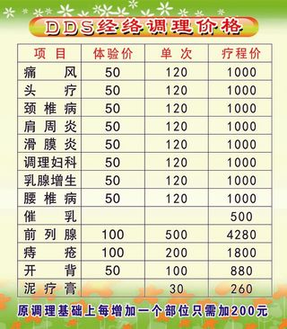 经络调理价格表