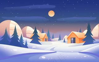 冬季晚霞白雪乡村村庄雪花雪景卡通插画背景