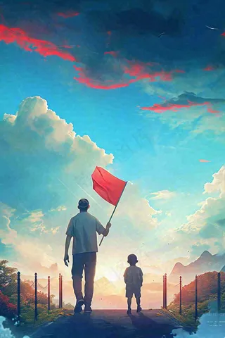 蓝天白云下行走背影，父亲节父爱温馨