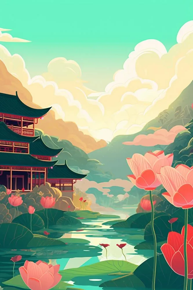 国潮夏日清新荷花建筑插画背景(896x1344)