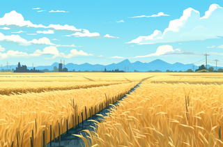 秋天成熟的金黄麦田稻田卡通插画素材