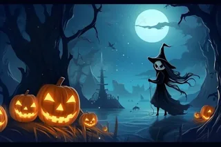 万圣节夜晚坟墓恐怖月色树林插画蓝黑色背景