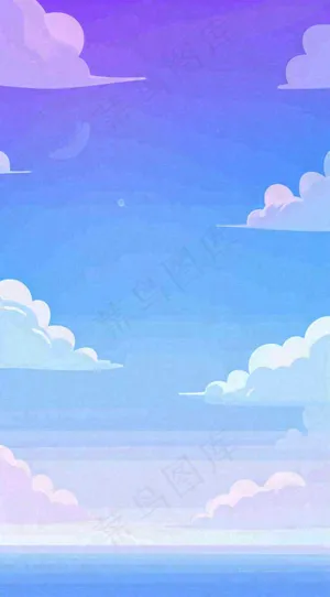 粉蓝渐变天空白云简约温馨，阳光海面海洋扁平插画